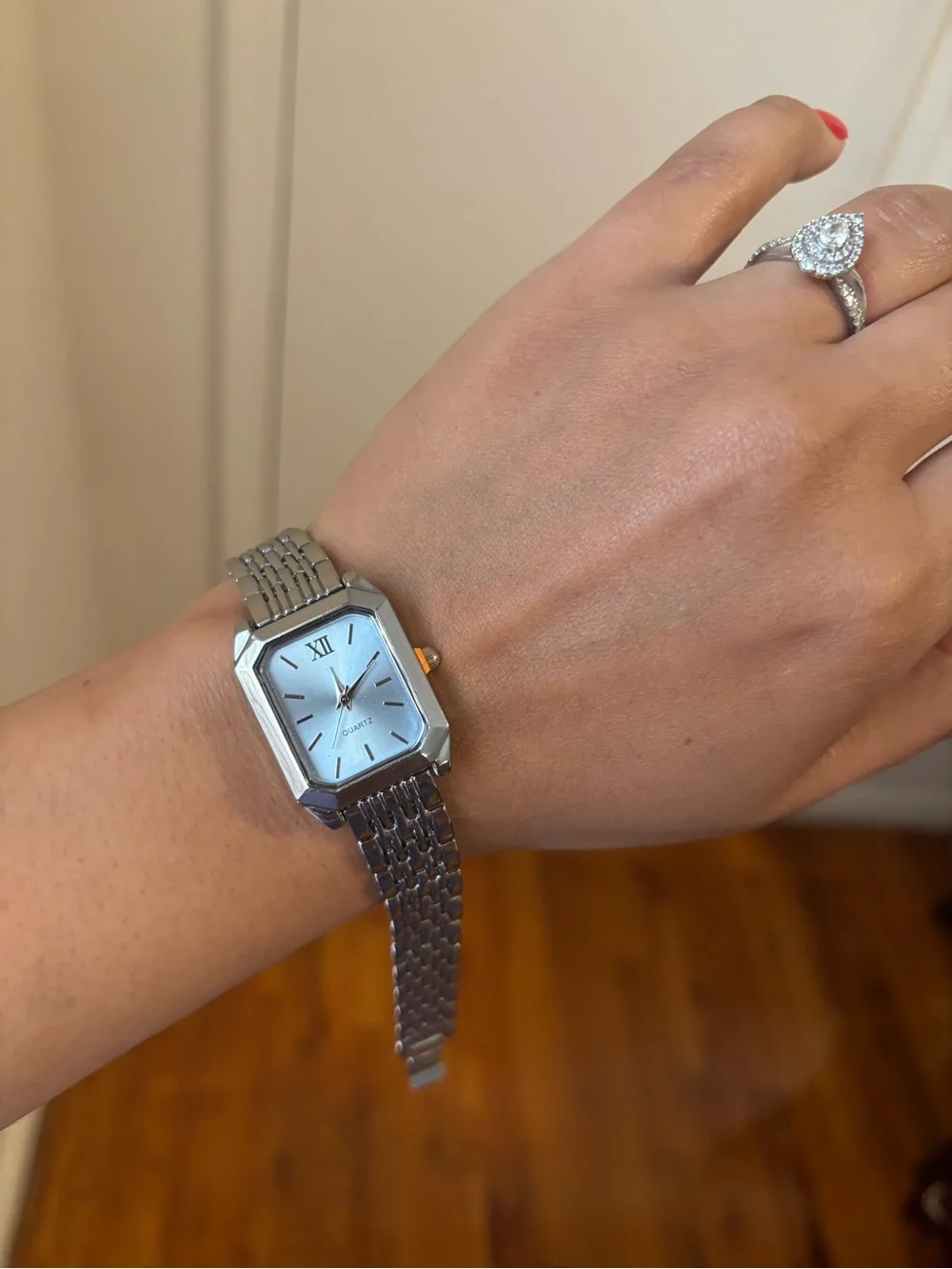 Silver Rectangular Quartz Bracelet Watch - Light Blue Dial